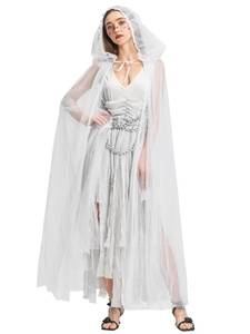 lot 4806 image: IKALI Womens Haunting Beauty Costume White Fancy Dress Ghost Cape, Adult Halloween Cosplay Costume Hooded Cloak With Plastic Chain&nbsp