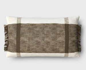 lot 4811 image: Oversized Textured Woven Cotton Striped Lumbar Throw Pillow IvoryDark Olive - Threshold Fringe Detail, Indoor Use&nbsp