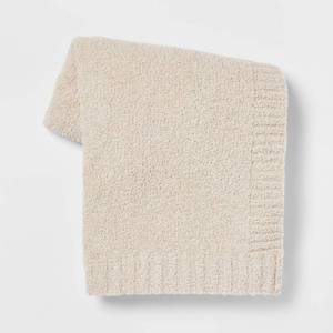 lot 4848 image: Cozy Knit Throw Blanket Neutral - Threshold Light Beige, Midweight, Recycled Polyester, Sensory Friendly, 50x60 inches - Retail $25