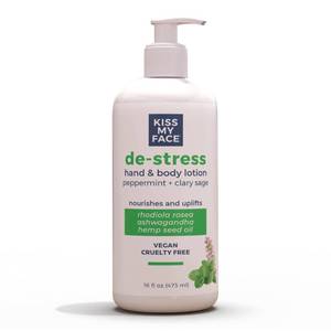 lot 4853 image: Kiss My Face De-Stress Hand & Body Lotion - Peppermint  Clary Sage - Soothing Rhodiola Rosea - With Hemp Seed Oil & Ashwagandha - Vegan & Cruelty-Free - 16 fl oz Bottle - Retail $11