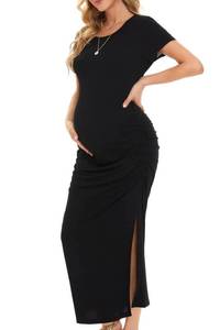 lot 4867 image: Smallshow Womens Split Long Maternity Dress Short Sleeve Ruched Pregnancy Clothes Medium Black - Retail $30