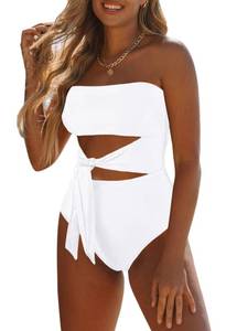lot 4878 image: Viottiset Womens Bandeau One Piece Swimsuit High Cut Out Strapless Tie Bathing Suit White Large - Retail $28