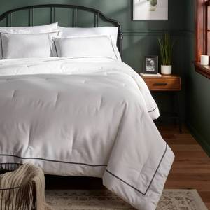 lot 4925 image: 3pc King Luxe Embroidered Border Comforter and Sham Set WhiteDark Gray - Threshold Cotton Sateen, 310 Thread Count - Retail $99