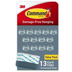 lot 4946 image: Command Round Cord Clips, Damage-Free Hanging Cable Clips, No Tools Wall Clips for Hanging Electrical Cables of Christmas Decorations, 13 Clear Cord Clips and 16 Command Strips - Retail $10
