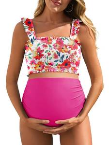 lot 4953 image: Summer Mae Maternity High Waist Bikini Swimsuit Two Piece Ruffled Hem Cute Bathing Suit Floral Pregnancy Swimwear Blue Floating Flower Large - Retail $43