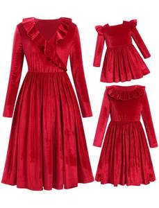 lot 4966 image: Mommy and Me Christmas Dresses V Neck Solid Color Green Red Dark Blue Velvet Ruffle Dress Long Sleeve Fall Winter Xmas Holiday Party Burgundy Mom Daughter Matching Outfits Red S&nbsp