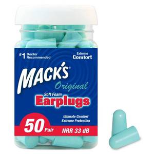 lot 4990 image: Macks Original Soft Foam Earplugs, 50 Pair - 33dB Highest NRR, Comfortable Ear Plugs for Sleeping, Snoring, Work, Travel & Loud Events  Made in USA - Retail $13