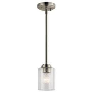 lot 5021 image: Kichler Winslow 7.5 Mini Kitchen Pendant with Clear Seeded Glass in Brushed Nickel, (7.5 H x 4.25 W), 44032NI - Retail $66