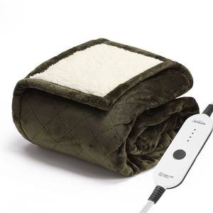 lot 5061 image: Sunbeam 50 x 60 Quilted Nordic Velvet Reverse Shearling Heated Throw Electric Blanket Olive Lightweight, Machine Washable - Retail $69
