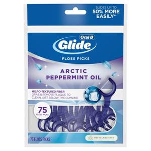 lot 5087 image: Oral-B Glide Peppermint Dental Floss Picks with Arctic Peppermint Oil Flavor, 75 Picks - Retail $8