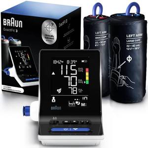 lot 5202 image: Braun ExactFit 3 Blood Pressure Monitor for Home Use, Blood Pressure Machine, Color-Coded, High BP Monitor, 2 Upper Arm Cuff Sizes, 80 Memory Slots - Retail $44