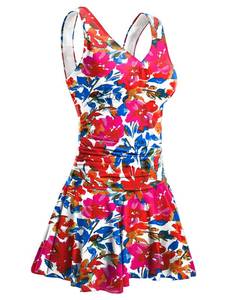 lot 5219 image: MiYang Womens Flower Printing Shaping Body One Piece Swim Dresses Swimsuit Cerulean Crimson Large (US 12-14) - Retail $37