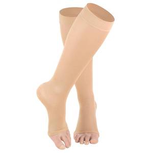 lot 5260 image: Truform Sheer Compression Stockings, 8-15 mmHg, Womens Open Toe, Knee High Length, 20 Denier, Beige, 2X-Large - Retail $15
