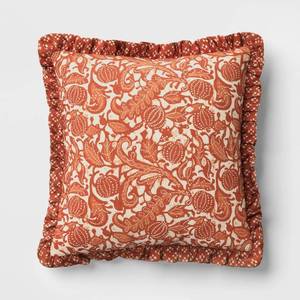 lot 5279 image: Square Pumpkin Pillow with Printed Reverse and Ruffle Trim - Threshold - Retail $30