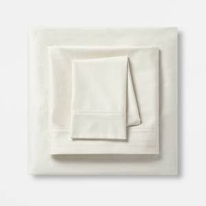 lot 5311 image: Queen Solid Performance 400 Thread Count Sheet Set Sour Cream - Threshold Cotton Sateen, Wrinkle-Resistant, OEKO-TEX Certified - Retail $55