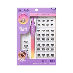lot 5320 image: KISS imPRESS Falsies Self Adhesive Eyelashes, Press On Lashes, 12mm-14mm Glam Volume Lashes, Black, No Glue Needed, Invisible Band, 36 Lash Clusters & Non-Stick Applicator - Voluminous - Retail $12