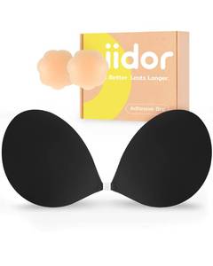 lot 5398 image: Niidor Adhesive Bra Strapless Sticky Invisible Push up Silicone Bra for Backless Dress with Nipple Covers (A Cup) Black - Retail $25