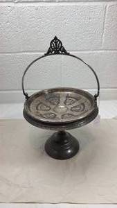 lot 57 image: Vintage Silver Plated Ornate Stand Tray - Engraved Circular Dish w Swing Hoop Handle
