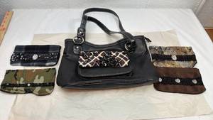 lot 86 image: Black Faux Leather Handbag with 4 Decorative Pouches Set