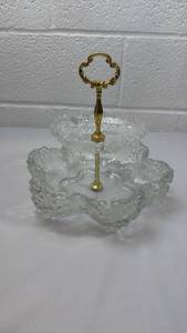lot 200 image: Crystal Glass 2-Tier Serving Dish with Brass Handle