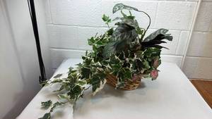 lot 210 image: Artificial Variegated Ivy Plant in Wicker Basket