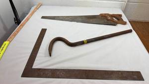 lot 233 image: Carpenter Tool Collection - Square, Hook & Hand Saw