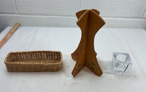 lot 286 image: Decorative Set - Wicker Basket, Glass Candleholder & Wooden Cat