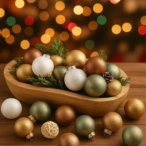 lot 356 image: 24 Pcs Rustic Textured Glass Christmas Ball Ornaments 2.36 Inch Vintage Rustic Metallic Green Brown Cream Xmas Baubles Farmhouse Xmas Tree Decorations Modern Christmas Home Decor for Tree Holiday