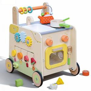 lot 360 image: Wooden Baby Walker 3-in-1 Push Toy for Toddlers, Montessori Sensory Activity Center with Pretend Kitchen, Adjustable Speed Learning Walker, Safe Wooden Toy, Ideal Gift for Boys and Girls - Retail $60