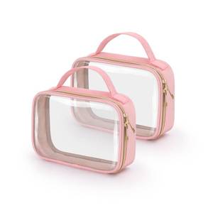 lot 389 image: Wedama TSA Approved Toiletry Bag, 2 Pack Clear Makeup Bags with Handles, Quart Size Toiletry Bags, PVC Clear Cosmetic Bags for Women and Men, Carry on Airport Airline Compliant Bag, Pink - Retail $13