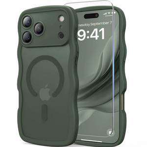 lot 413 image: DOMAVER for iPhone 17 Pro Max Case for Women, 1X Screen Protector1X Wrist Strap, Compatible with MagSafe Full Camera Protection Cute Wave Matte Phone Case for iPhone 17 Pro Max, Deep Green - Retail $23