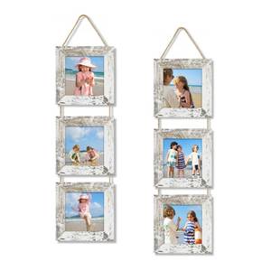 lot 421 image: ccdcc 4x4 Collage Picture Frames Set of 2, Rustic Wooden Real Glass Vertical Hanging 3 Opening 4 by 4 Photo Frame, Distressed White - Retail $18