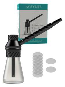 lot 423 image: AGFYLIFE Portable Hookah Set for Travel - Premium Handheld Glass Aluminum Mini Hookah Real Metal Accessories, includes Screens,For a Single Smoker, Black - Retail $17