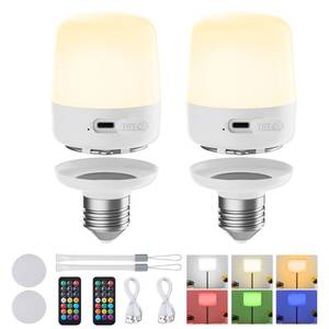 lot 431 image: Minetom E26 Rechargeable Light Bulbs with Remote and Timer, Battery Backup Bulb with 12 Colors and Brightness Dimmable, 2300mAh 40W Equivalent LED Light Bulbs for Lamps Sconces Camping, 2 Pack - Retail $26