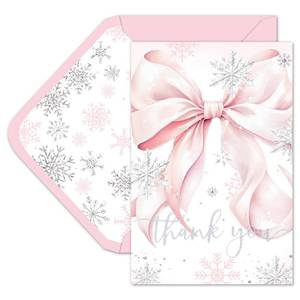 lot 444 image: Whaline 50 Pack Winter Bow Thank You Cards Bulk Boxed Christmas Blank Note Cards with Envelope Stickers Pink Bowknot Snowflakes Greeting Card for Wedding Bridal Baby Shower - Retail $16