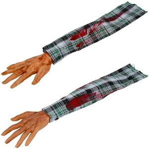 lot 455 image: XONOR Halloween Fake Severed Arm Plastic Hands Human Body Parts for Haunted House Vampire Zombie Halloween Party Decorations, 2Pcs Plaid (Left and Right) - Retail $12