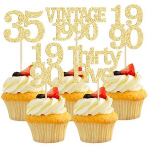 lot 460 image: Gyufise 24Pcs Happy 35th Birthday Cupcake Toppers Glitter Thirty Five 35 Fabulous Vintage 1990 Cupcake Picks for 30th Birthday Wedding Anniversary Party Cake Decorations Supplies Gold - Retail $7