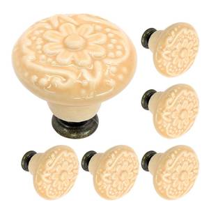 lot 510 image: Biaungdo 6 Pcs Light Yellow Ceramic Kitchen Knobs, Retro & Vintage Round Drawer Knobs and Pulls for Cabinet, Drawer, Cupboard - Retail $7