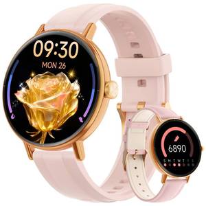 lot 528 image: Yoever Smart Watches for Women,1.27 HD Fitness Tracker AnswerMake Call, Heart RateSleepSpO2��Round Smart Watch for iPhoneSamsungAndroid,IP68 Waterproof��110 Sport Mode-Pink(2 Bands) - Retail $52