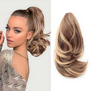 lot 564 image: DATSRXI 10 Inch Ponytail Extension - Claw Clip in Ponytails Hair Extension, Curly Pony Tails Hair Extensions, Clip on Ponytail, Easy&Long Use, Daily Wear(Ash brown & honey blonde highlights) - Retail $9