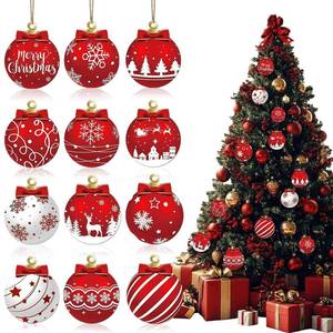 lot 580 image: 12Pcs Christmas Tree Decorations Xmas Red Gift Ball Hanging Ornament with Bow Snowflake Elk Star Letters Design Wooden Ornaments Cute Christmas Balls Craft Ornaments for Winter Holiday Party Supplies - Retail $8
