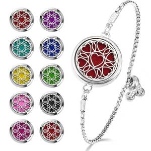 lot 582 image: Essential Oil Diffuser Bracelet Aromatherapy Locket - Adjustable Stainless Steel Heart with 10 Pcs Refill Pads for Women Girls - Retail $10