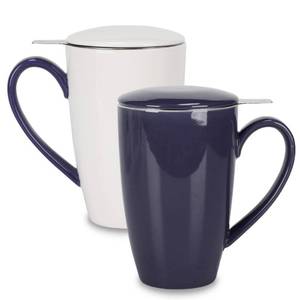 lot 604 image: amhomel Porcelain Tea Mug with Infuser and Lid, 16 Ounce Ceramic Tea Cup for Loose Leaf, Coffee, Cocoa and Milk, Tea Gift for Tea Lovers, Set of 2(Navy Blue and White) - Retail $22