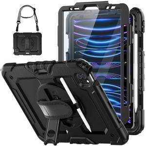 lot 607 image: HXCASEAC Case for iPad Pro 11 Inch Case (2022202120202018) Shockproof Design with Pencil HolderScreen ProtectorRotating Hand Strap, Protective Cover for iPad 11 Pro 4th3rd2nd1st, Black - Retail $30