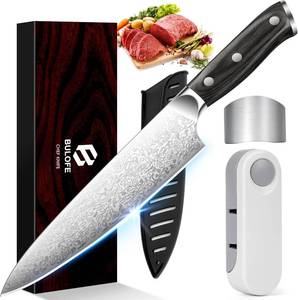 lot 2556 image: 8 Inch Chef Knife, Kitchen Knife with Sharpener and Finger Guard, Professional Steel Sharp Chefs Knife Set with Ergonomic Handle, Gifts for Christmas, Black