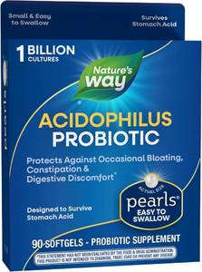lot 2568 image: Probiotic Pearls Acidophilus Once Daily Probiotic Supplement, 1 Billion Live Cultures, Survives Stomach Acid, No Refrigeration, 90 Softgels (Packaging May Vary) 062026