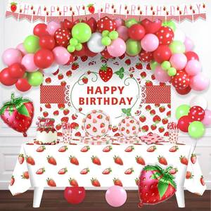 lot 2610 image: 226 PCs Strawberry Birthday Party Decorations, Hombae Strawberry Supplies for Birthday Party Backdrop Balloon Garland Banner Tablecloth Plates Napkin Cup Straw Knife Fork Spoon Pink White Red