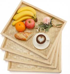 lot 2630 image: Vicenpal 4 Pcs Bamboo Wicker Serving Trays for Foods & Drinks, 16.93 x 13 Rectangular Flat Baskets Trays, Decorative Bamboo Basket Tray for Dinner Coffee Table Picnic Fruit Snack Holder Bed Eating