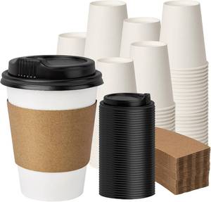 lot 2649 image: 12 oz 100 Pack Disposable Coffee Cups with Lids and Sleeves, Coffee Paper Cups with Lids, To Go Beverage Drinking Cup for Coffee, Tea