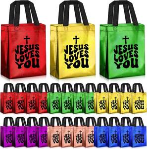 lot 2667 image: Sweetude 12 Pcs Christian Easter Gift Bags Bulk Non Woven Jesus Loves You Bags 7.87 x 10.24 x 3.94 in Colorful Religious Church Gift